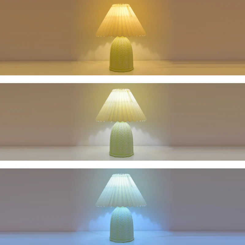 Traditional Vintage Scalloped Cylinder Round Fabric Ceramic LED Table Lamp For Living Room