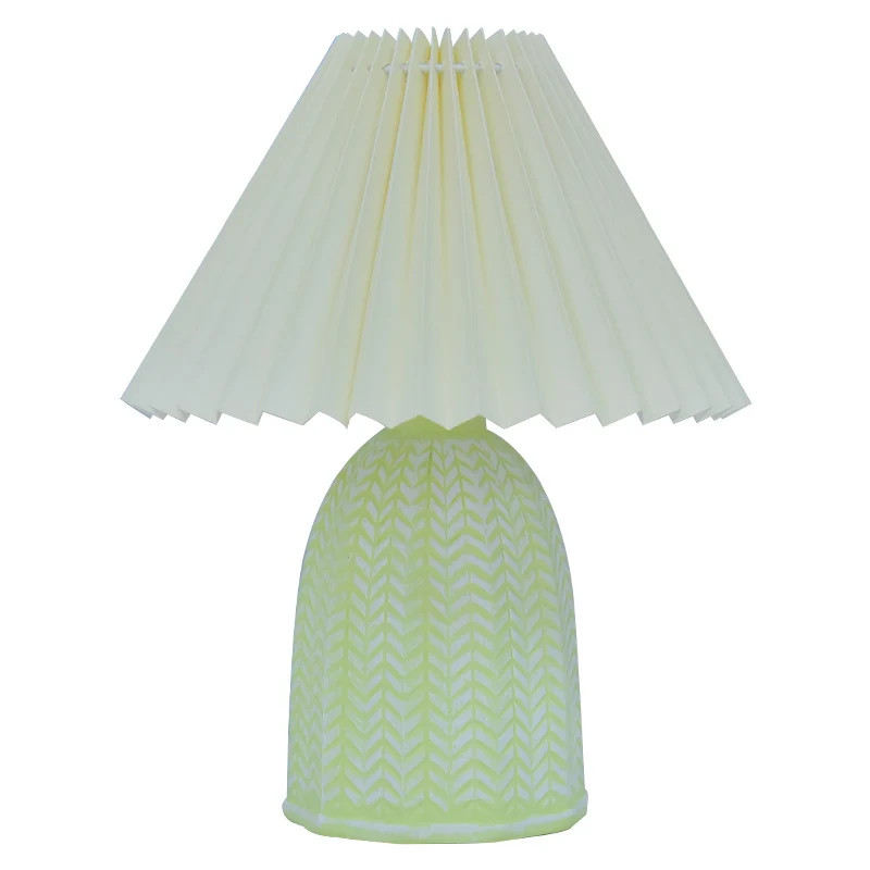 Traditional Vintage Scalloped Cylinder Round Fabric Ceramic LED Table Lamp For Living Room