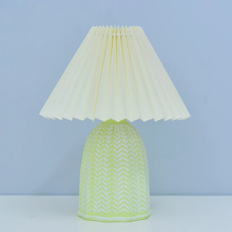 Traditional Vintage Scalloped Cylinder Round Fabric Ceramic LED Table Lamp For Living Room