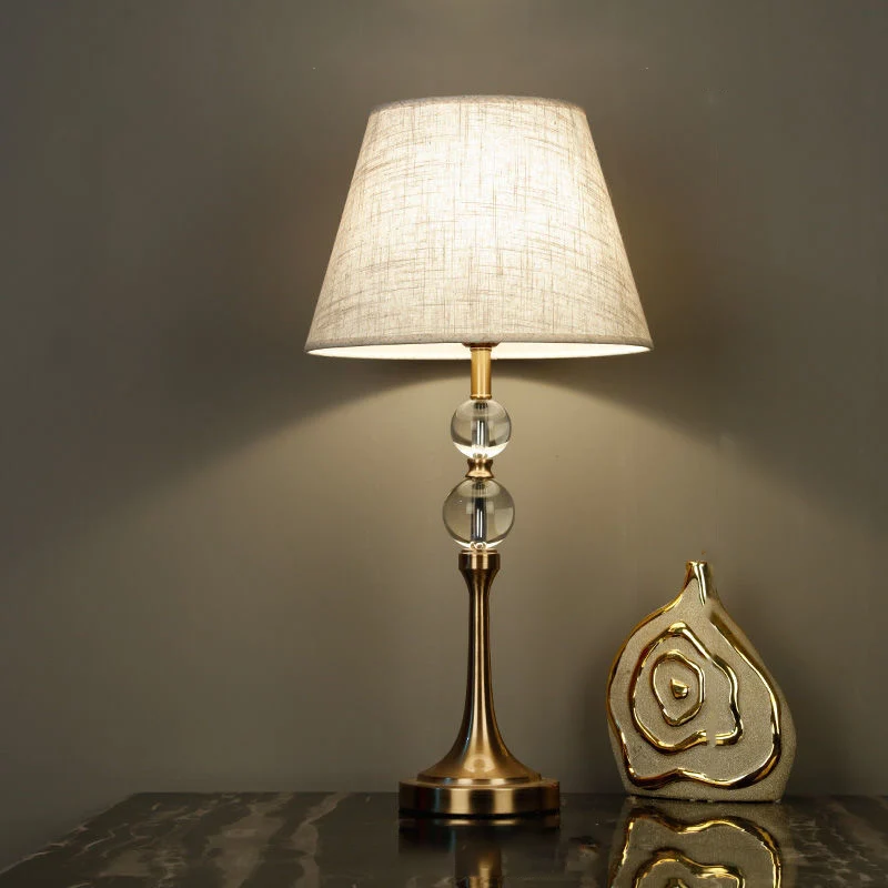 Traditional Vintage Scalloped Round Beads Fabric Crystal Brass 1-Light Table Lamp For Living Room