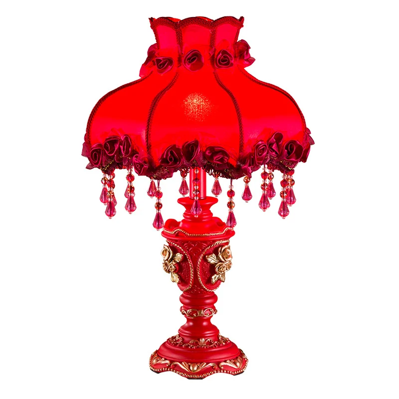 Traditional European Fabric Resin Rose Carved Column Beads Wedding Decoration 1-Light Table Lamp For Bedside