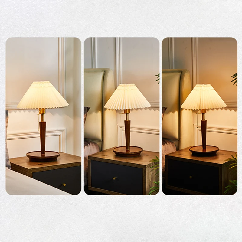Traditional Vintage Umbrella Pleated Round Fabric Wood Hardware 1-Light Table Lamp For Living Room