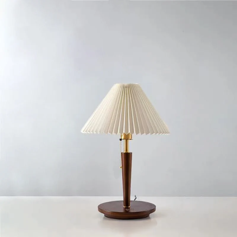 Traditional Vintage Umbrella Pleated Round Fabric Wood Hardware 1-Light Table Lamp For Living Room