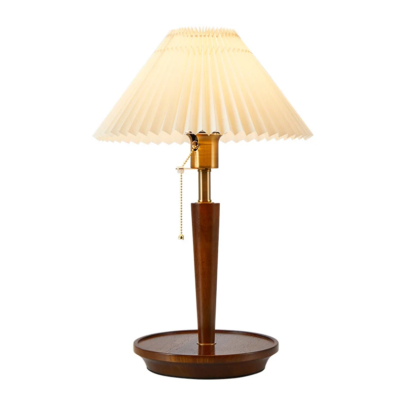 Traditional Vintage Umbrella Pleated Round Fabric Wood Hardware 1-Light Table Lamp For Living Room