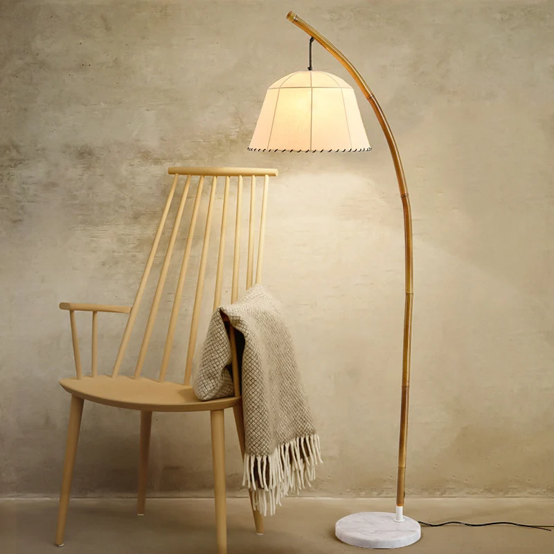 Traditional Vintage Round Cone Bamboo Fabric Marble 1-Light Standing Floor Lamp For Living Room