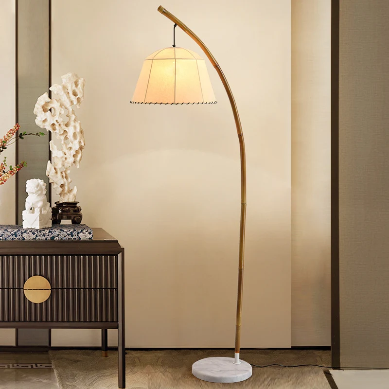 Traditional Vintage Round Cone Bamboo Fabric Marble 1-Light Standing Floor Lamp For Living Room