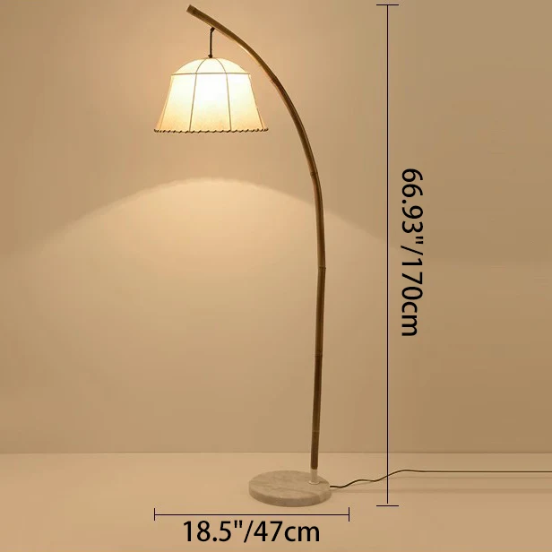 Traditional Vintage Round Cone Bamboo Fabric Marble 1-Light Standing Floor Lamp For Living Room