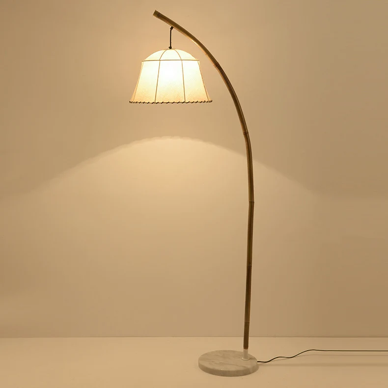 Traditional Vintage Round Cone Bamboo Fabric Marble 1-Light Standing Floor Lamp For Living Room