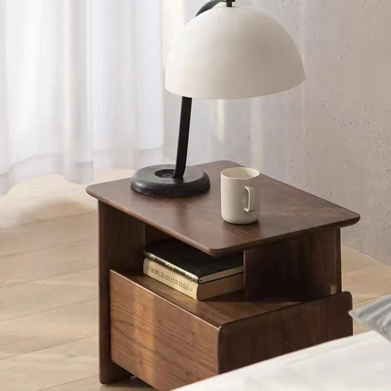 Traditional Vintage Square Rectangle Walnut Wood Cherry Wood Nightstand 1-Drawer For Bedroom