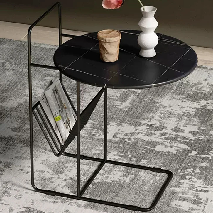 Modern Luxury Sintered Stone Carbon Steel Frame Round End Table 1-Tier For Living Room