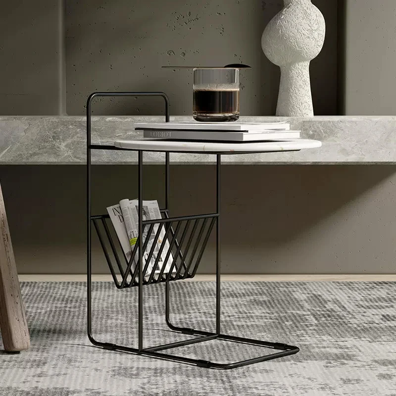Modern Luxury Sintered Stone Carbon Steel Frame Round End Table 1-Tier For Living Room
