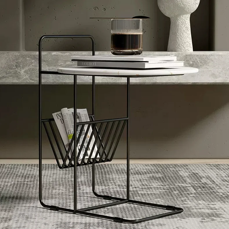 Modern Luxury Sintered Stone Carbon Steel Frame Round End Table 1-Tier For Living Room