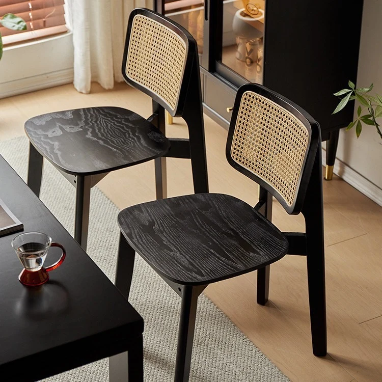 Traditional Vintage Square PE Rattan Rubberwood Chair Backrest Armless For Living Room