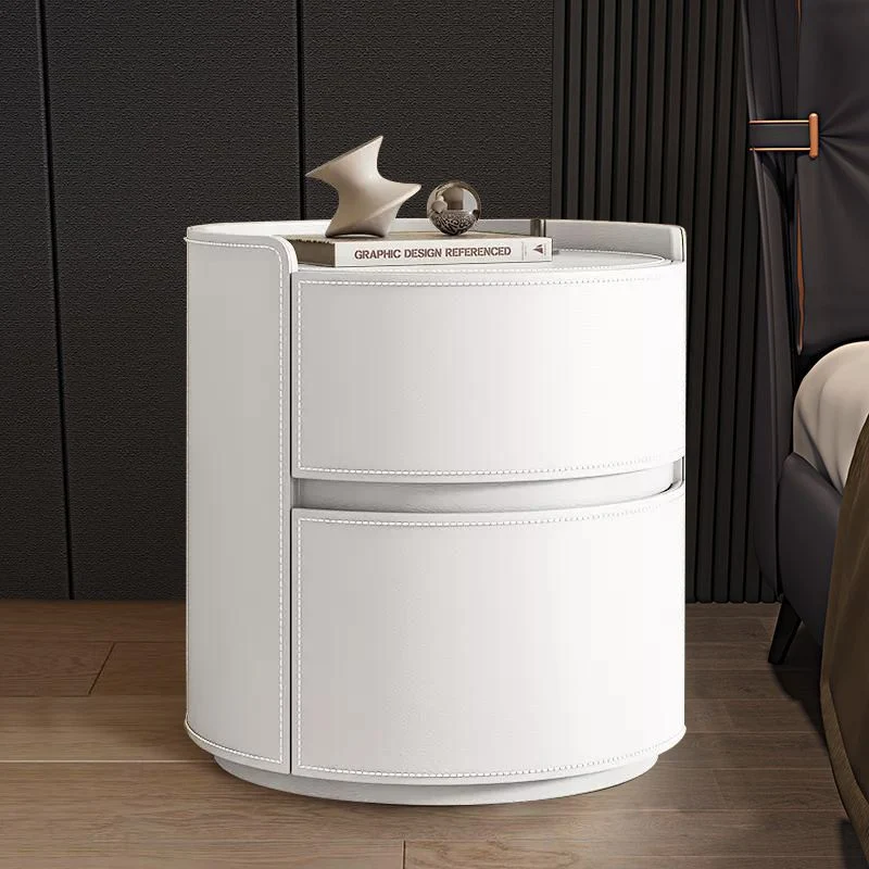 Modern Luxury Round Saddle-Style Faux Leather Plywood Nightstand 2-Drawer For Bedroom