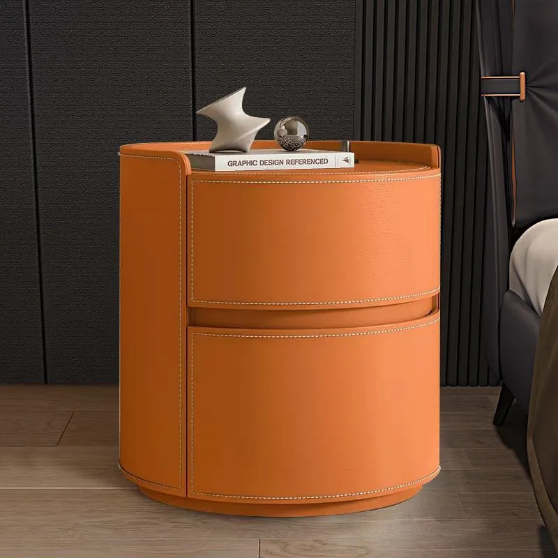 Modern Luxury Round Saddle-Style Faux Leather Plywood Nightstand 2-Drawer For Bedroom