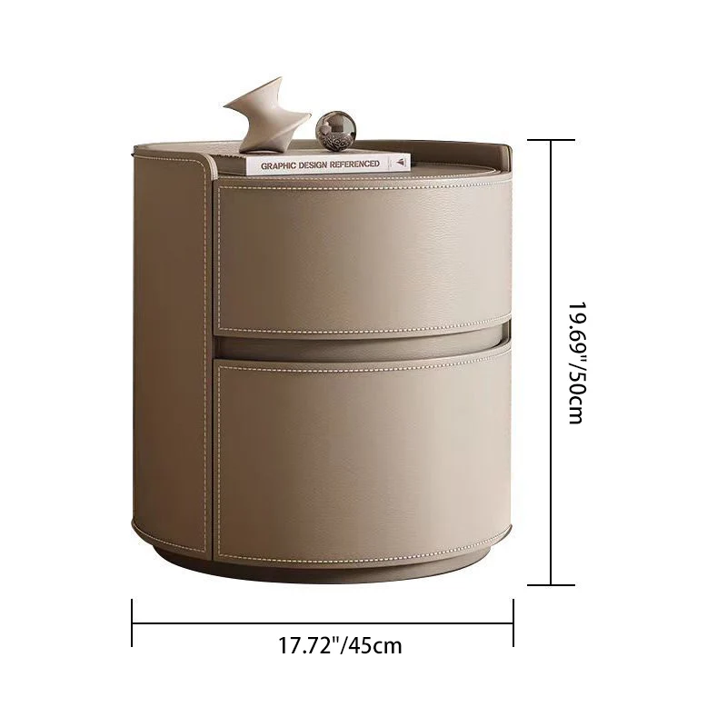 Modern Luxury Round Saddle-Style Faux Leather Plywood Nightstand 2-Drawer For Bedroom