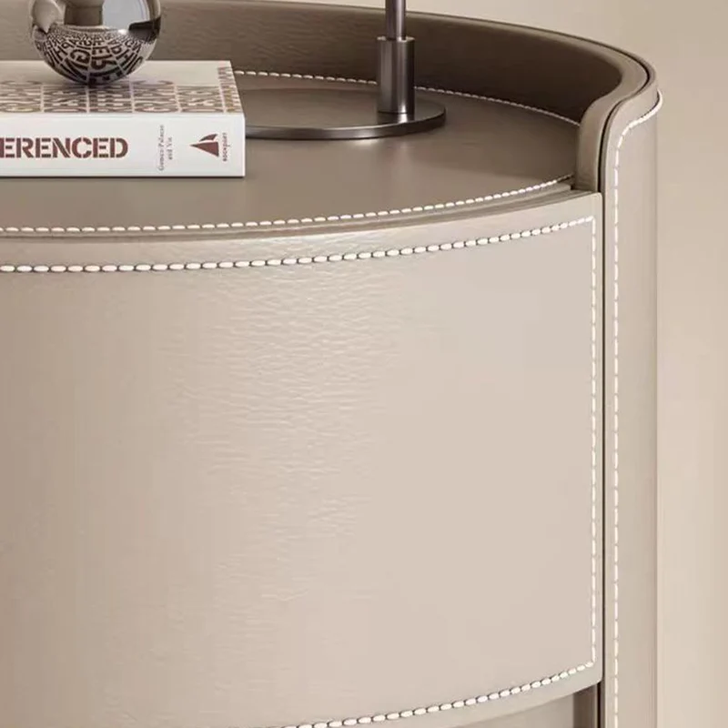 Modern Luxury Round Saddle-Style Faux Leather Plywood Nightstand 2-Drawer For Bedroom