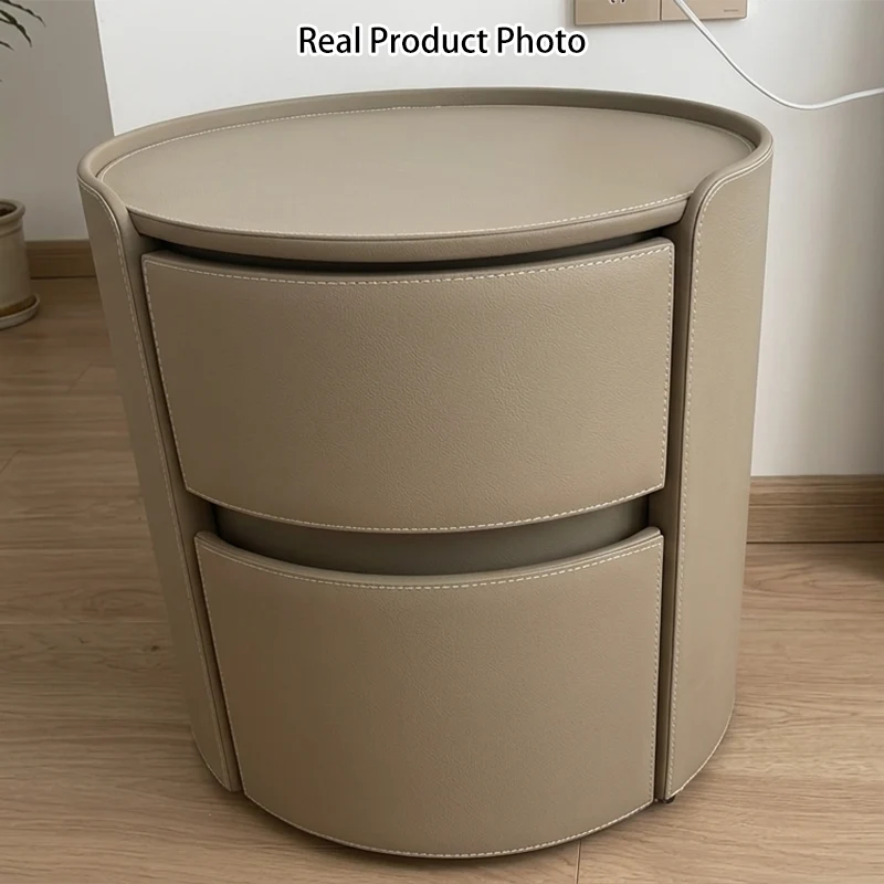 Modern Luxury Round Saddle-Style Faux Leather Plywood Nightstand 2-Drawer For Bedroom