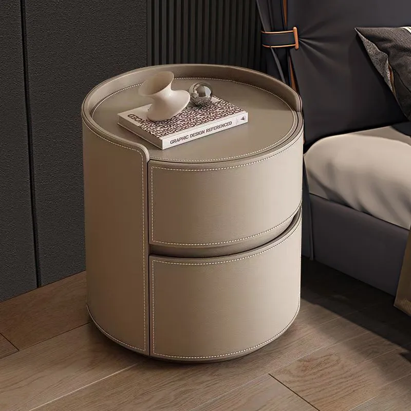 Modern Luxury Round Saddle-Style Faux Leather Plywood Nightstand 2-Drawer For Bedroom