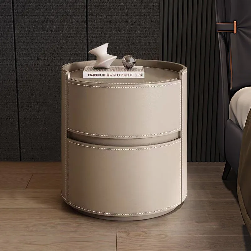 Modern Luxury Round Saddle-Style Faux Leather Plywood Nightstand 2-Drawer For Bedroom