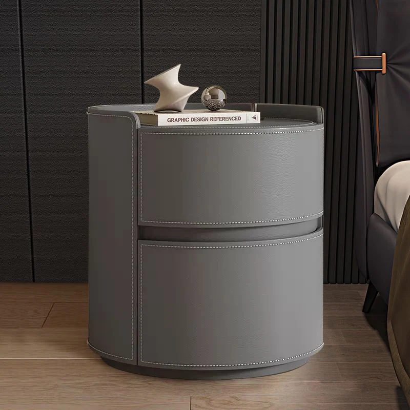 Modern Luxury Round Saddle-Style Faux Leather Plywood Nightstand 2-Drawer For Bedroom