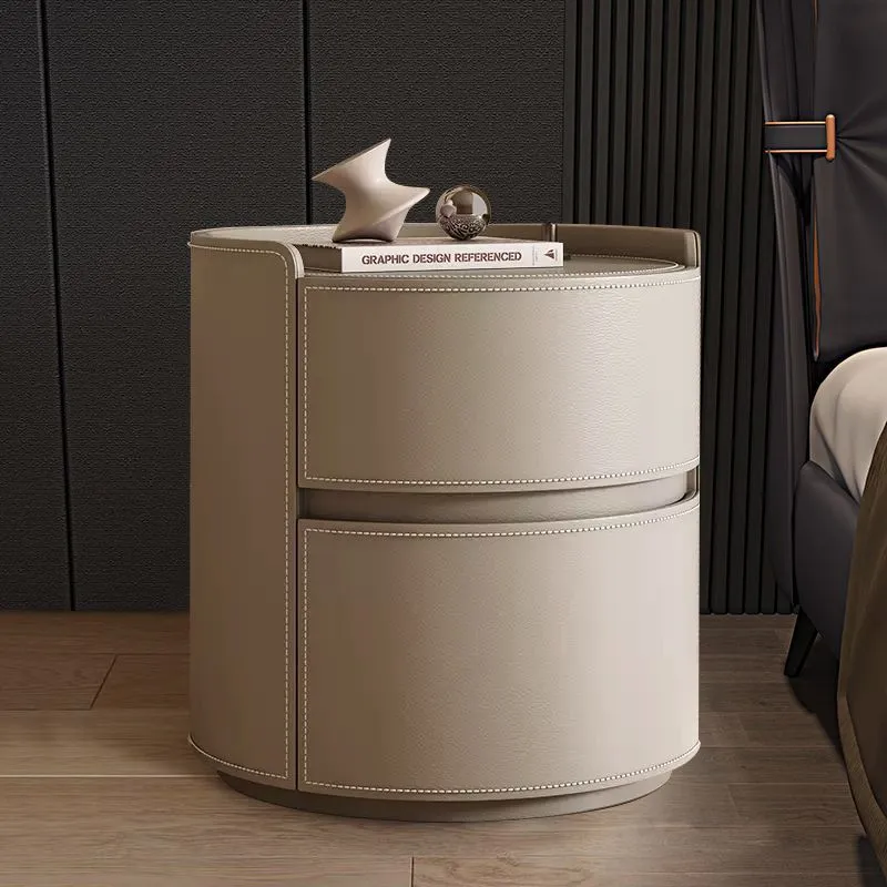 Modern Luxury Round Saddle-Style Faux Leather Plywood Nightstand 2-Drawer For Bedroom