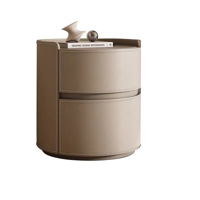 Modern Luxury Round Saddle-Style Faux Leather Plywood Nightstand 2-Drawer For Bedroom