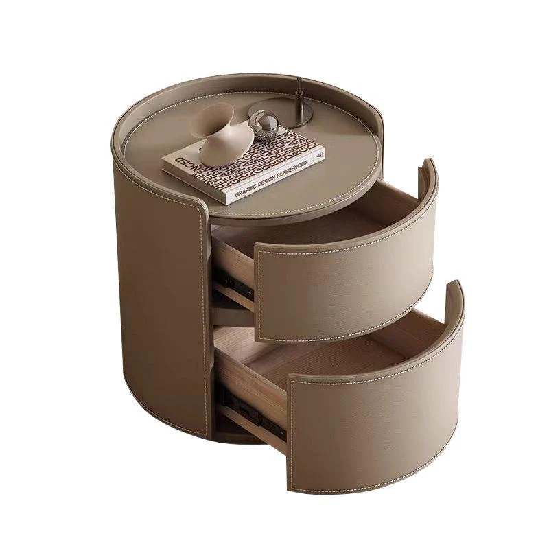 Modern Luxury Round Saddle-Style Faux Leather Plywood Nightstand 2-Drawer For Bedroom