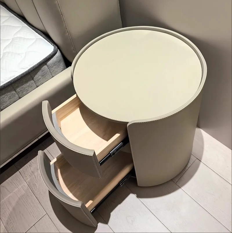 Modern Luxury Round Saddle-Style Faux Leather Plywood Nightstand 2-Drawer For Bedroom