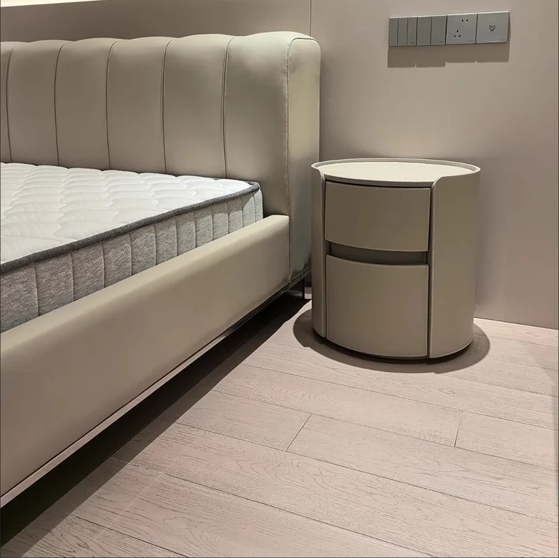 Modern Luxury Round Saddle-Style Faux Leather Plywood Nightstand 2-Drawer For Bedroom