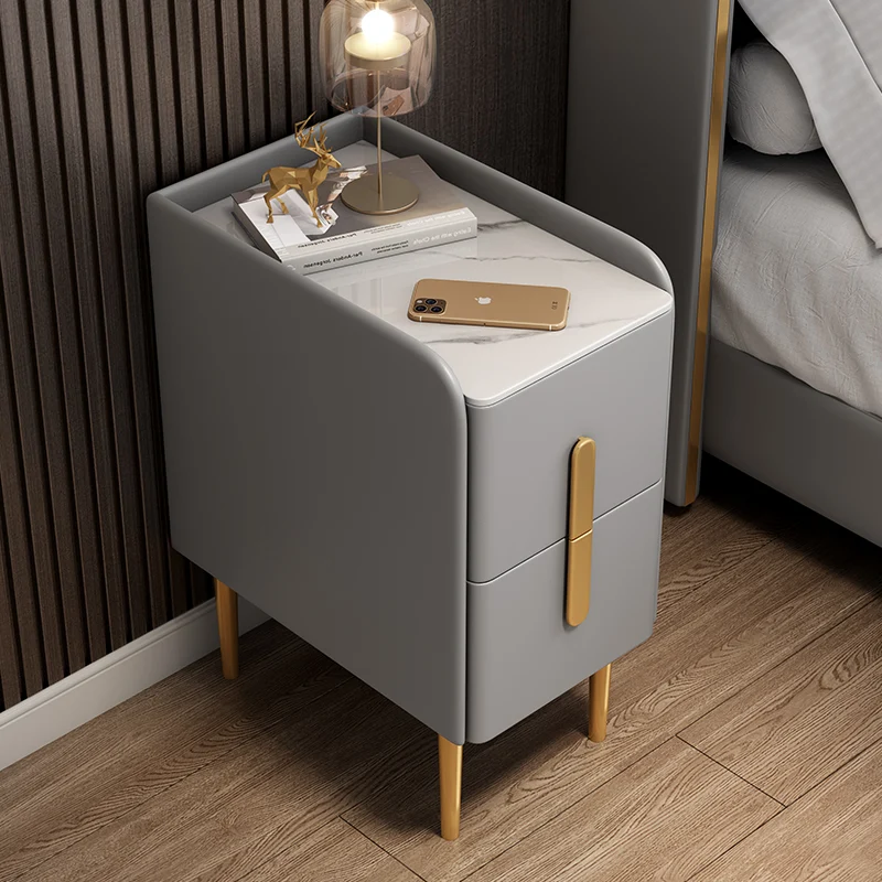 Modern Luxury Rectangular Rock Slab Microfiber Leather MDF Metal Nightstand 2-Drawer For Bedroom