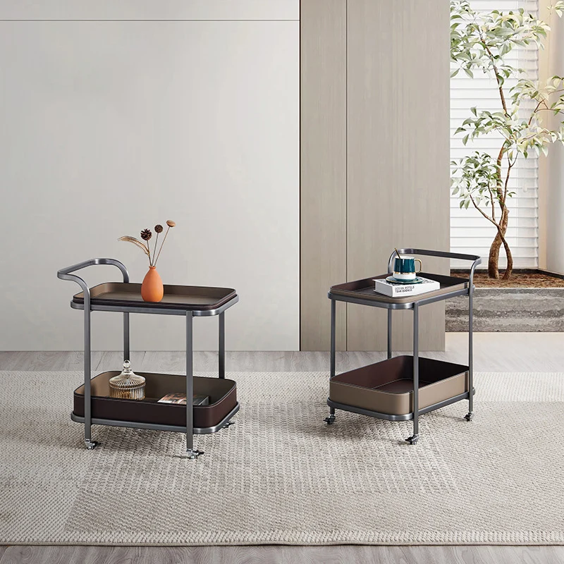Modern Simplicity Saddle-Style Faux Leather Stainless Steel Rectangular Cart End Table 2-Tier Movable For Living Room
