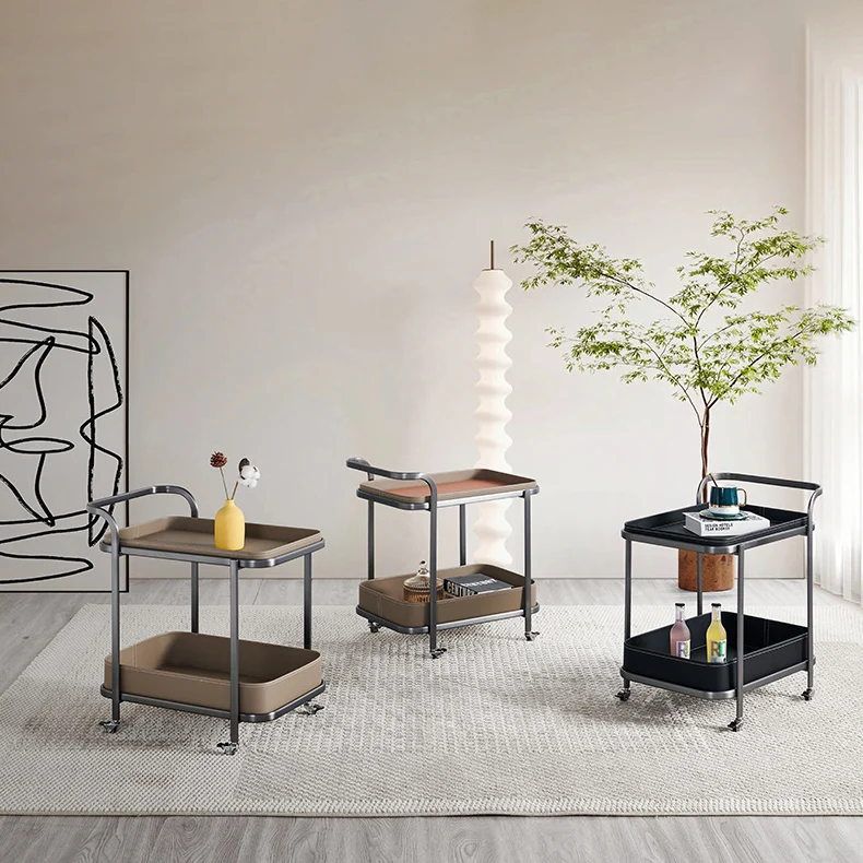 Modern Simplicity Saddle-Style Faux Leather Stainless Steel Rectangular Cart End Table 2-Tier Movable For Living Room