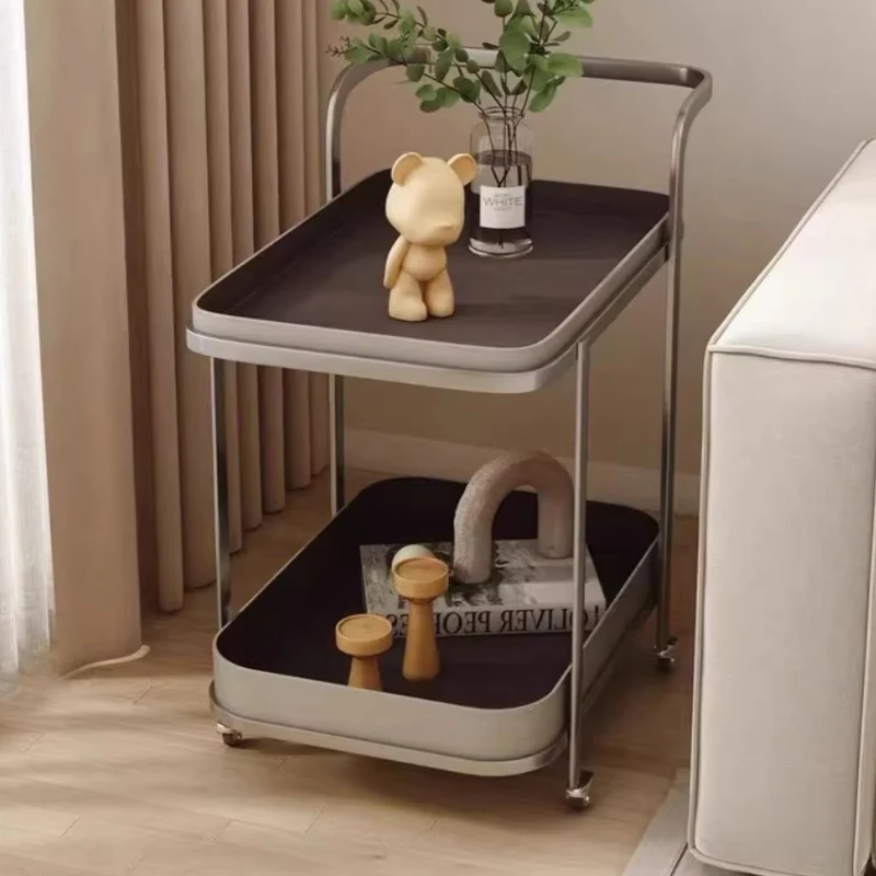 Modern Simplicity Saddle-Style Faux Leather Stainless Steel Rectangular Cart End Table 2-Tier Movable For Living Room