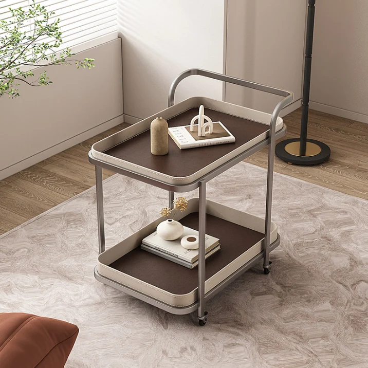 Modern Simplicity Saddle-Style Faux Leather Stainless Steel Rectangular Cart End Table 2-Tier Movable For Living Room