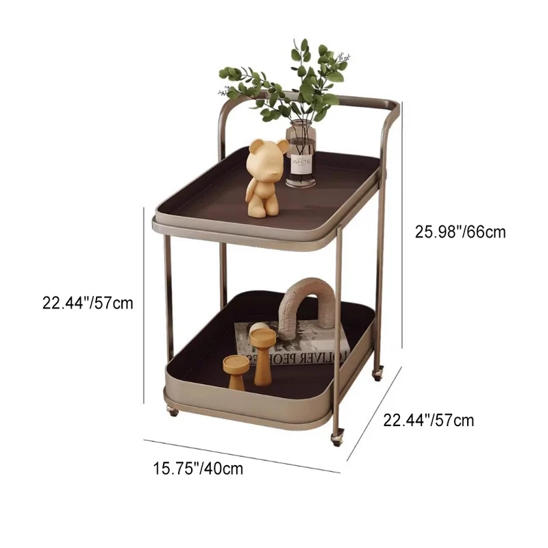 Modern Simplicity Saddle-Style Faux Leather Stainless Steel Rectangular Cart End Table 2-Tier Movable For Living Room