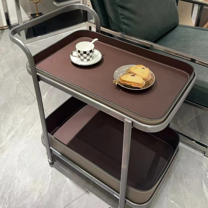 Modern Simplicity Saddle-Style Faux Leather Stainless Steel Rectangular Cart End Table 2-Tier Movable For Living Room