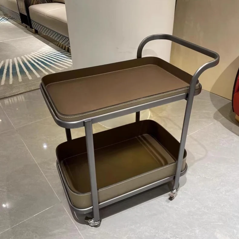 Modern Simplicity Saddle-Style Faux Leather Stainless Steel Rectangular Cart End Table 2-Tier Movable For Living Room