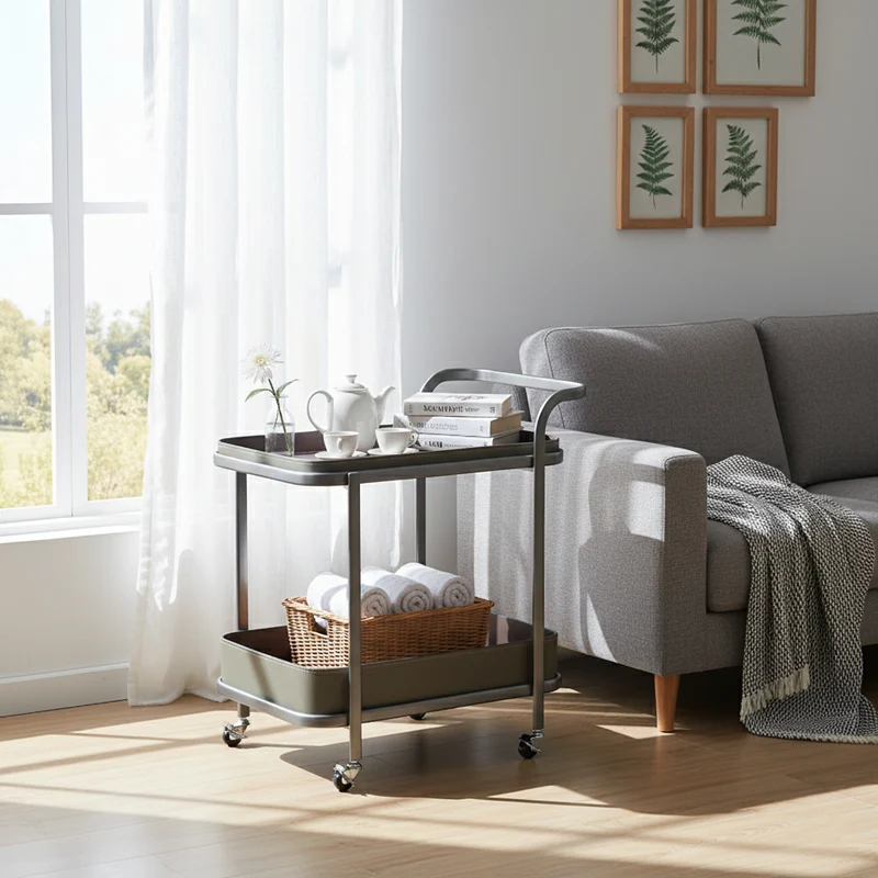 Modern Simplicity Saddle-Style Faux Leather Stainless Steel Rectangular Cart End Table 2-Tier Movable For Living Room