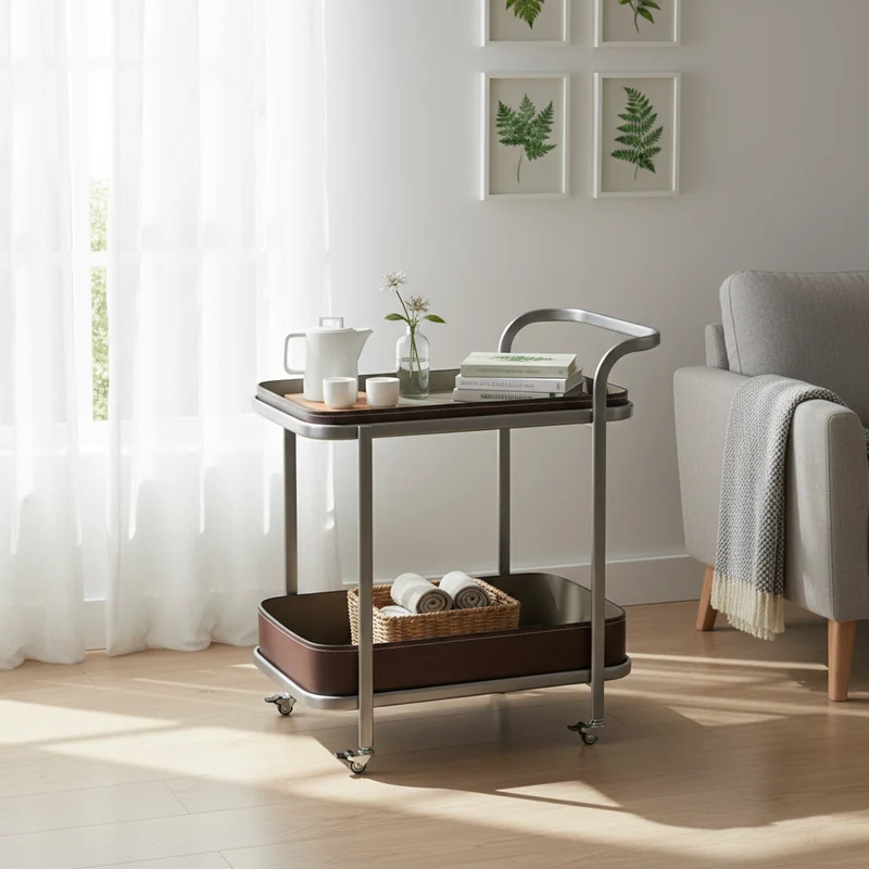 Modern Simplicity Saddle-Style Faux Leather Stainless Steel Rectangular Cart End Table 2-Tier Movable For Living Room
