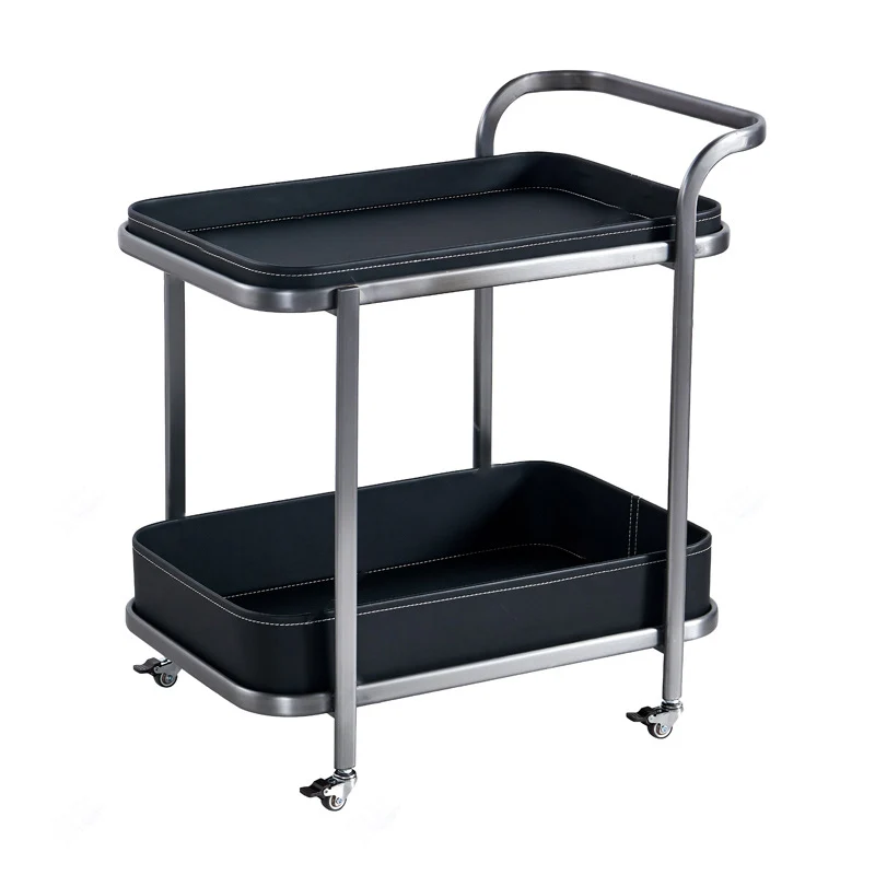 Modern Simplicity Saddle-Style Faux Leather Stainless Steel Rectangular Cart End Table 2-Tier Movable For Living Room
