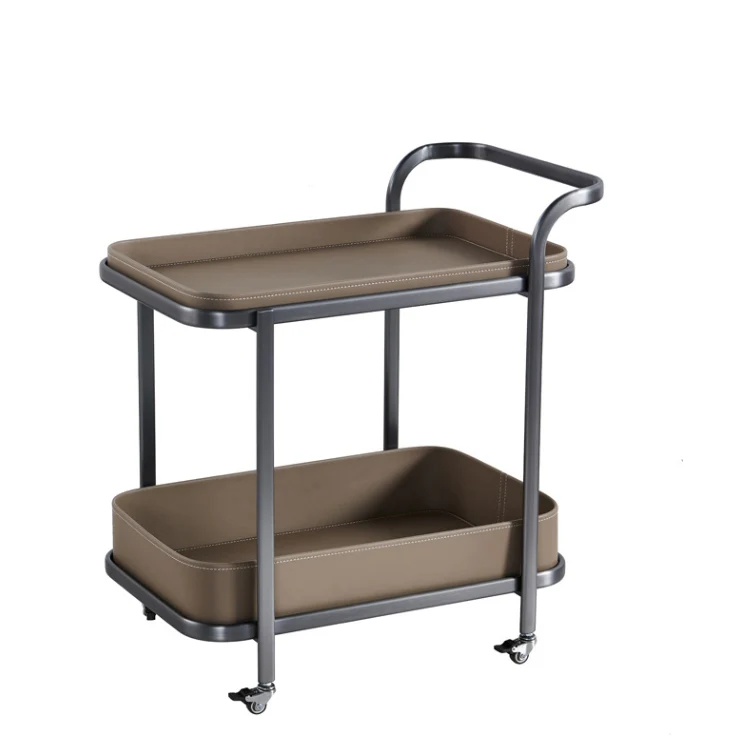 Modern Simplicity Saddle-Style Faux Leather Stainless Steel Rectangular Cart End Table 2-Tier Movable For Living Room