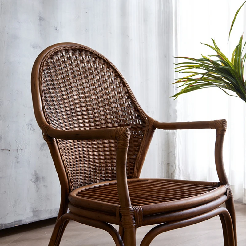 Traditional Vintage Round Oval Backrest Rattan Chair Armrests For Living Room