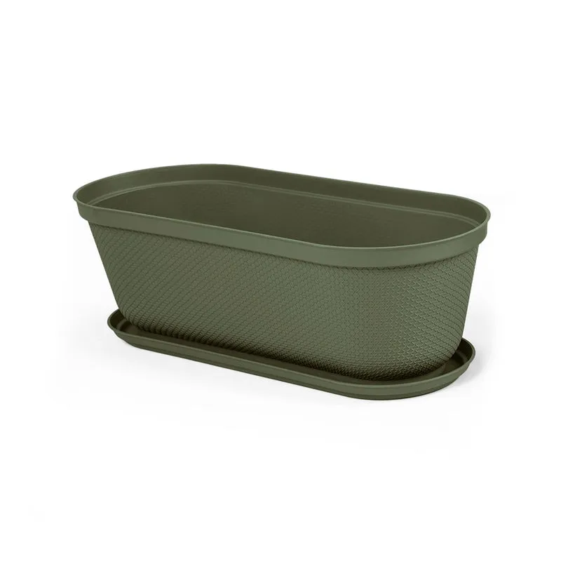 Matera Moderna Ovalada Rafia 60 cm con Plato Verde Musgo