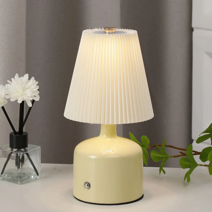 Contemporary Nordic USB Fabric Ceramic Conic Pleated LED Table Lamp For Bedroom