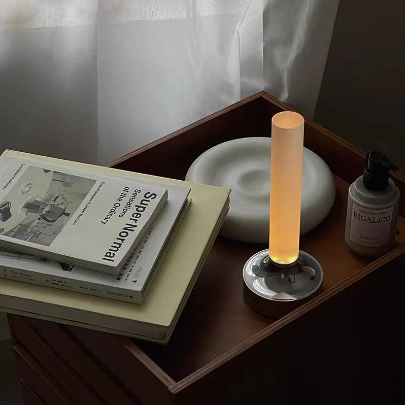 Modern Minimalist USB Candle Shape Round Cylinder Metal Acrylic LED Table Lamp For Bedroom