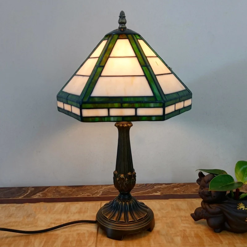 Traditional Vintage Resin Base Conical Glass Lampshade Grid 1 - Light Table Lamp For Living Room