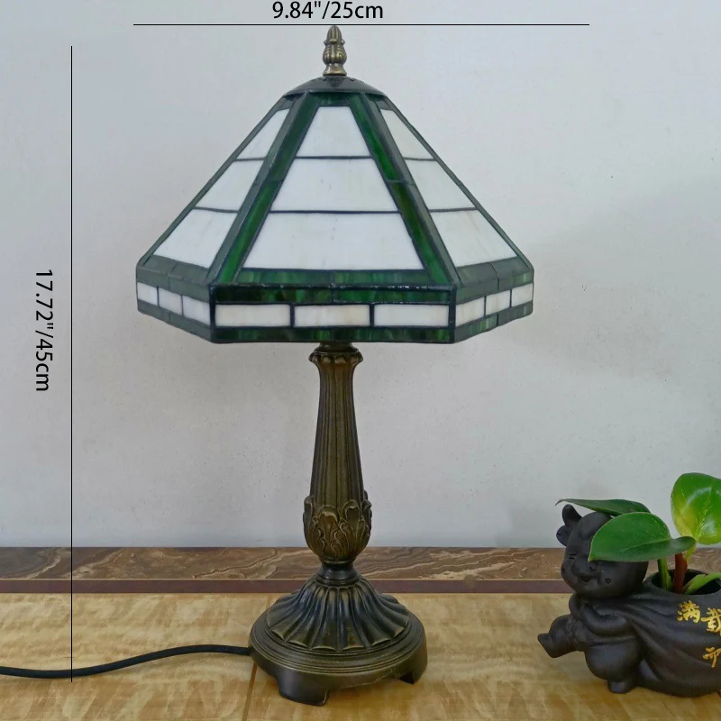 Traditional Vintage Resin Base Conical Glass Lampshade Grid 1 - Light Table Lamp For Living Room