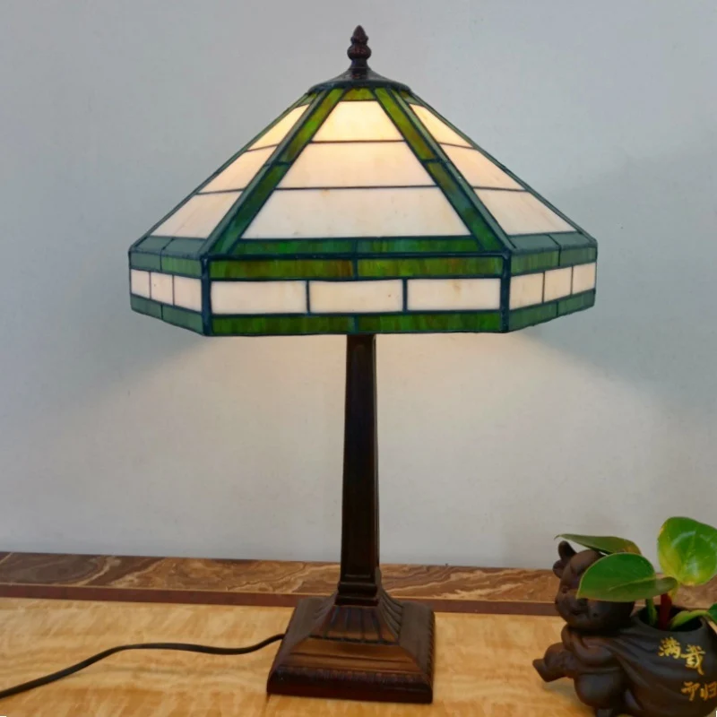 Traditional Vintage Resin Base Conical Glass Lampshade Grid 1 - Light Table Lamp For Living Room