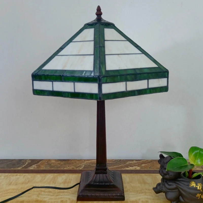 Traditional Vintage Resin Base Conical Glass Lampshade Grid 1 - Light Table Lamp For Living Room